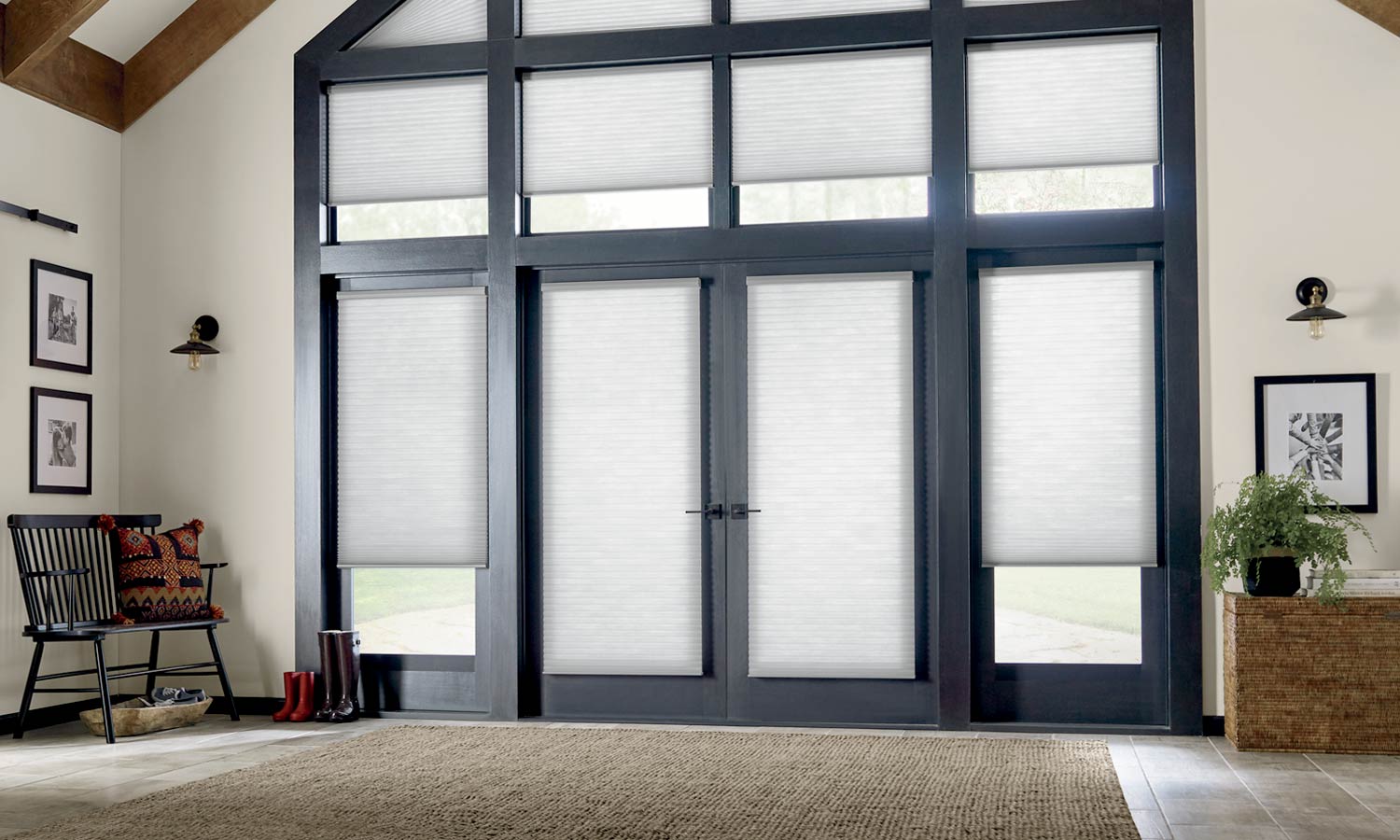 entryway with large windows covered with honeycomb shades black grid Halifax