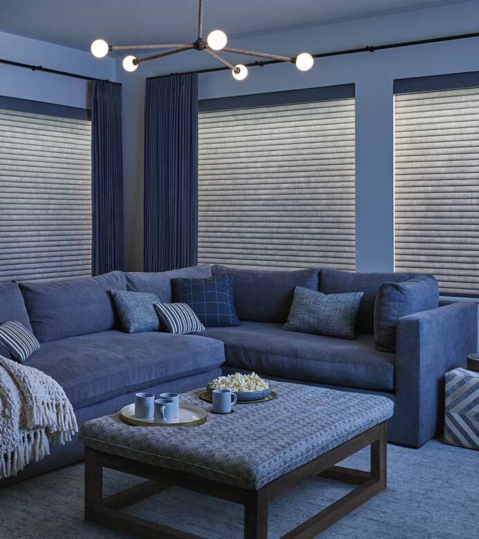 cellular window shades with aura illuminated in media room in nova scotia