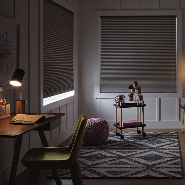 guest bedroom with blackout window shades