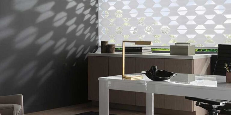 home office with white banded shades