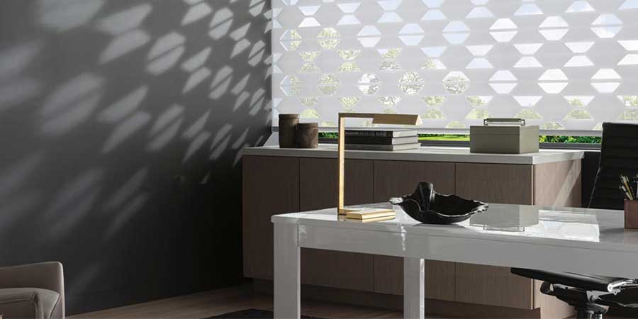 home office with white banded shades