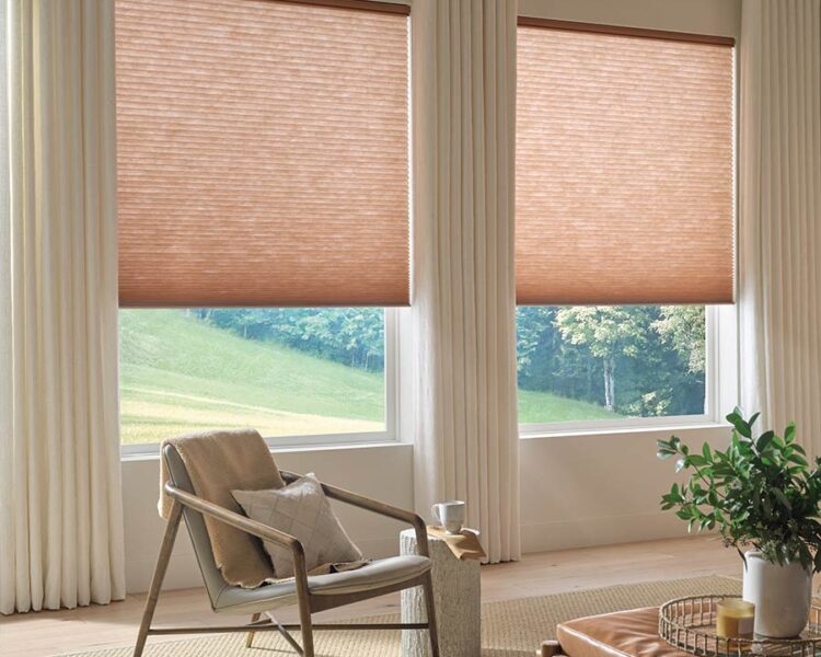 pink cellular shades in living room paired with white drapery