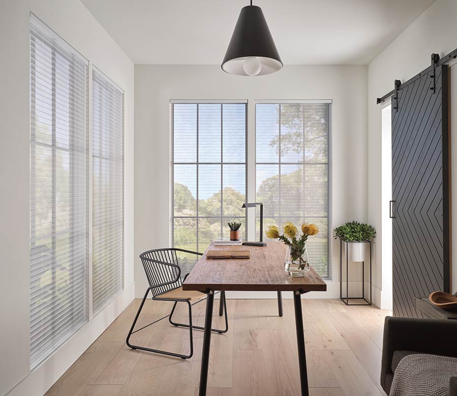 home office with cellular blinds modern farmhouse and black sliding barn door