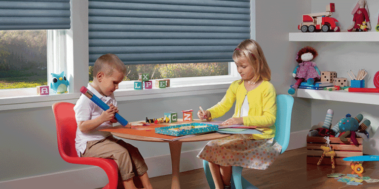 children infront of child safe blue window coverings