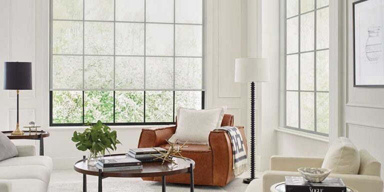 living room with white roller shade with leather chair