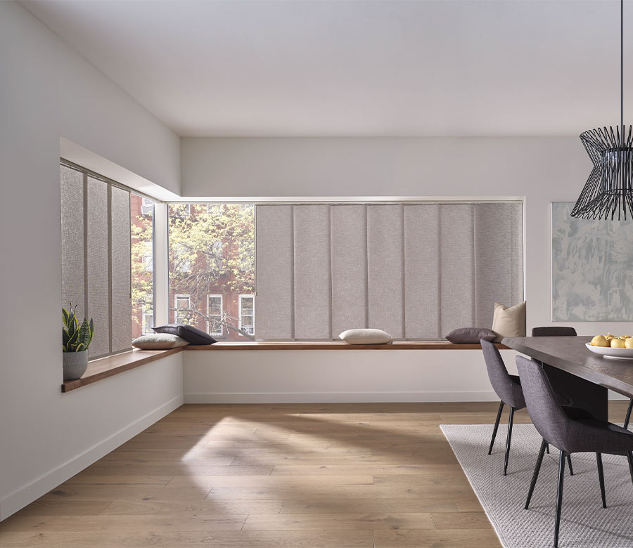 gray sliding patio blinds corner panels in dining room