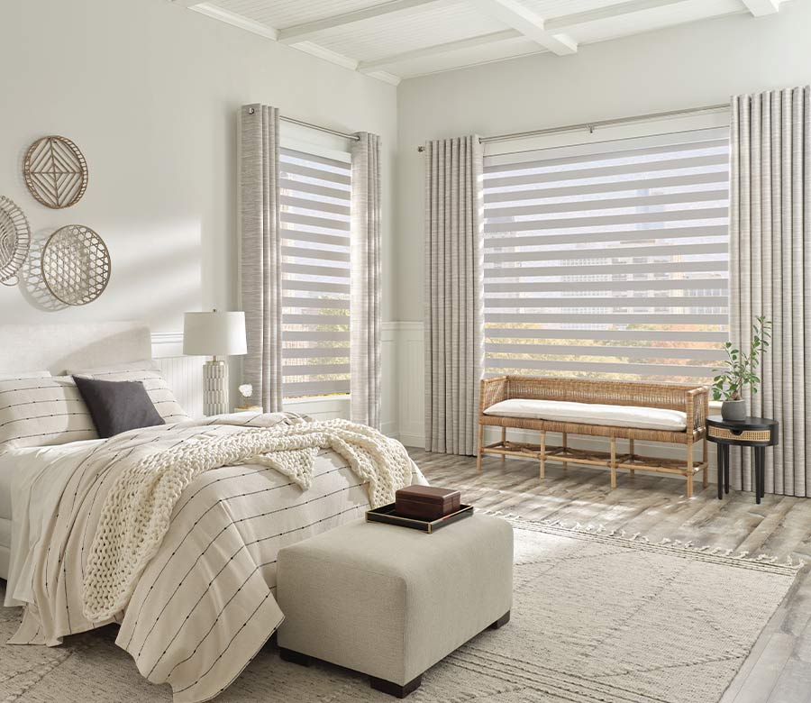 monochromatic neutral colored drapery matching fabric banded window shades gotcha covered seeview nova scotia