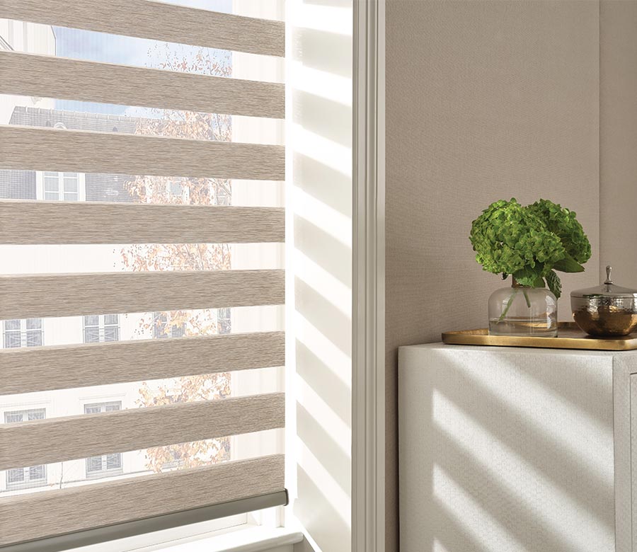 textured designer banded window shades in gray