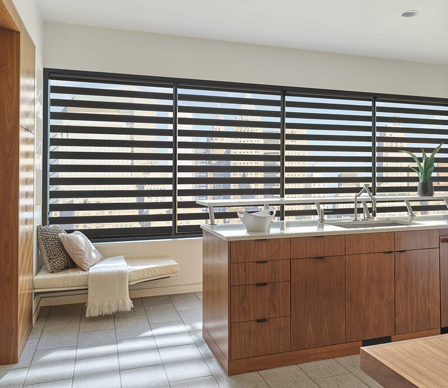 black designer banded shades in kitchen
