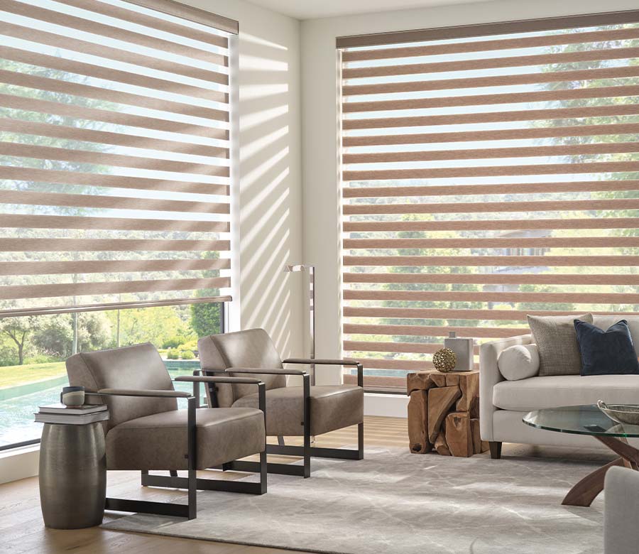 floor to ceiling brown banded window shades