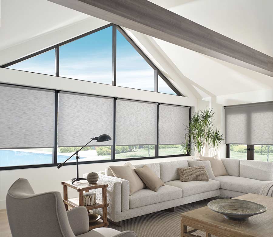 living room with gray roller window shades in nova scotia