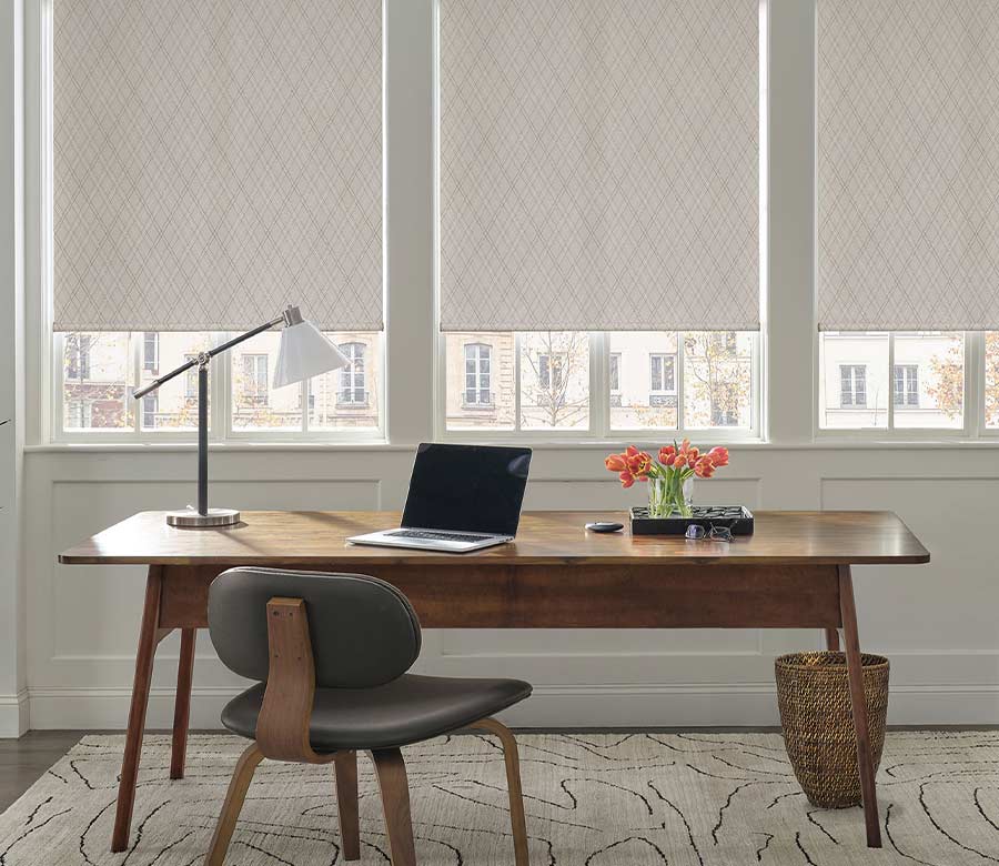 home office with patterned roller window shades in nova scotia