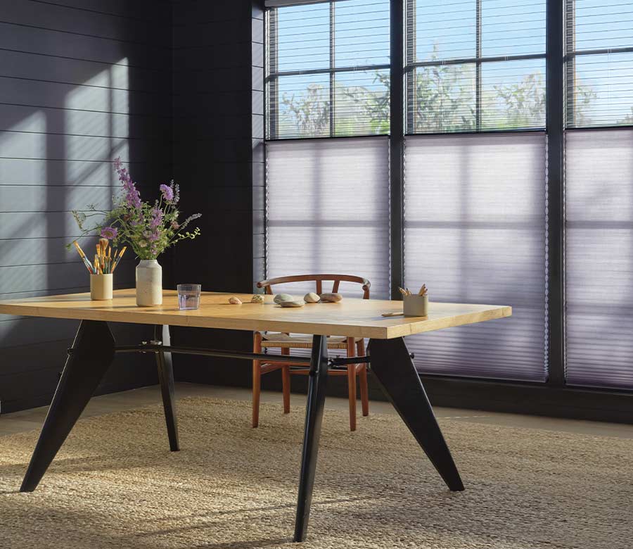 home office with white gray cellular window shades seeview