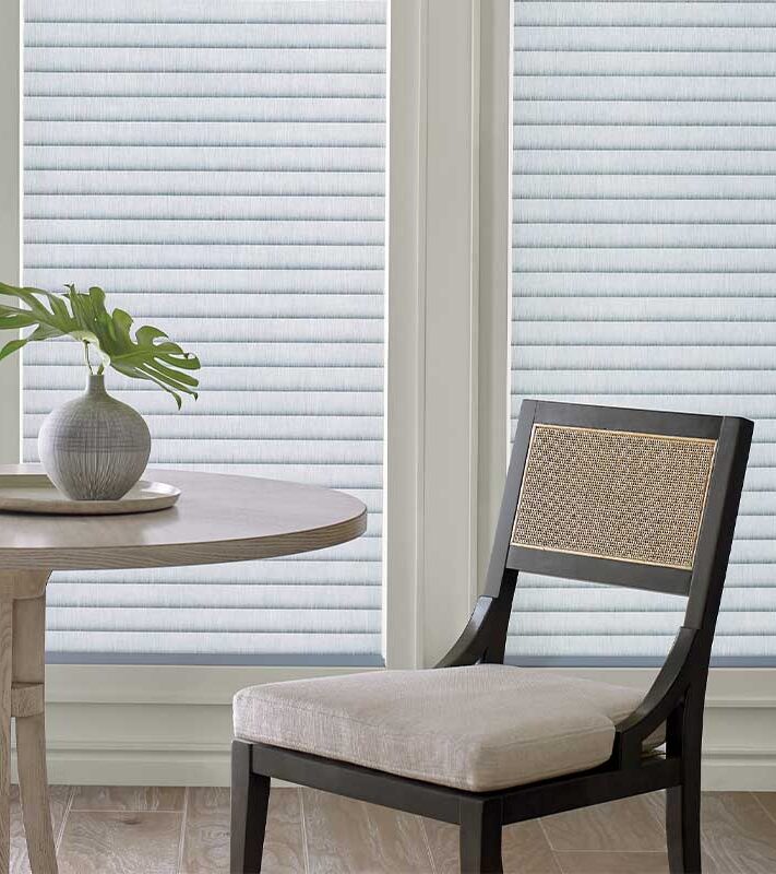 blue textured window shades at breakfast table