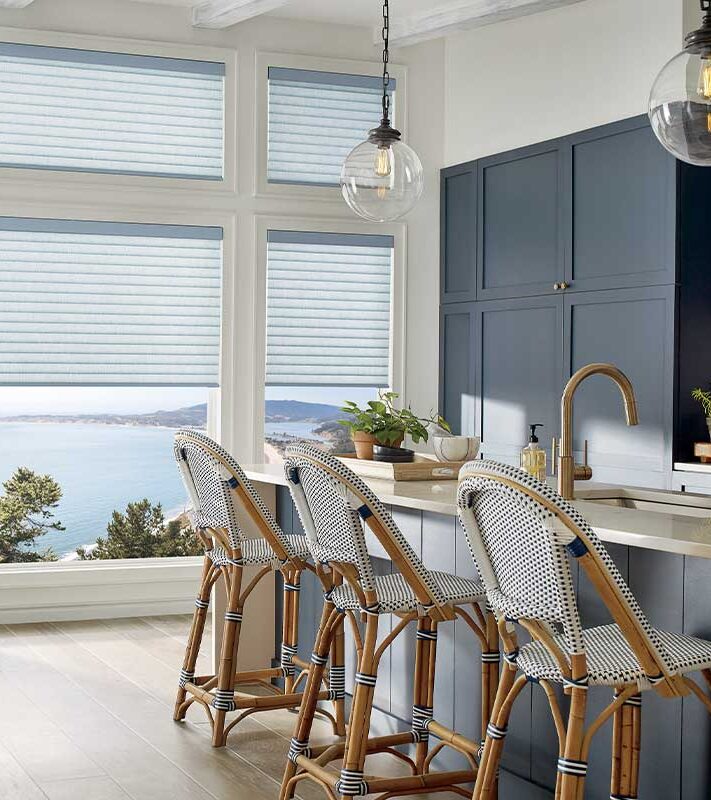 blue window shades in kitchen with modern style and blue cabinets