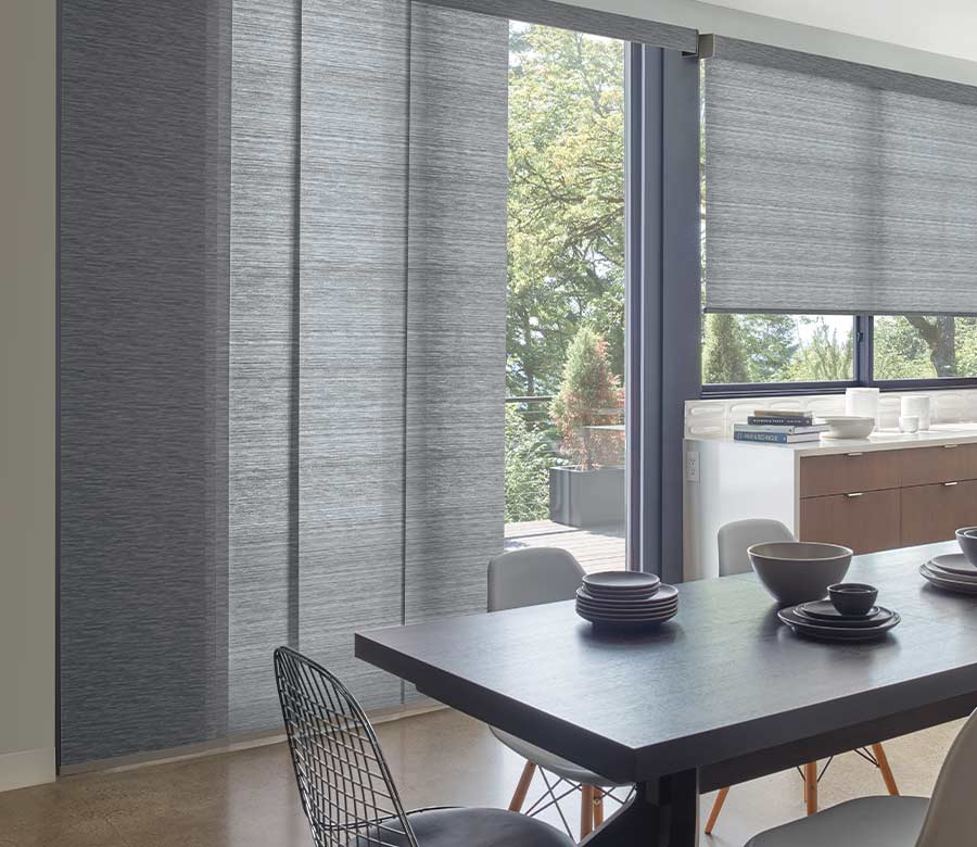 blue sliding fabric panels on sliding glass door and window fabric screens