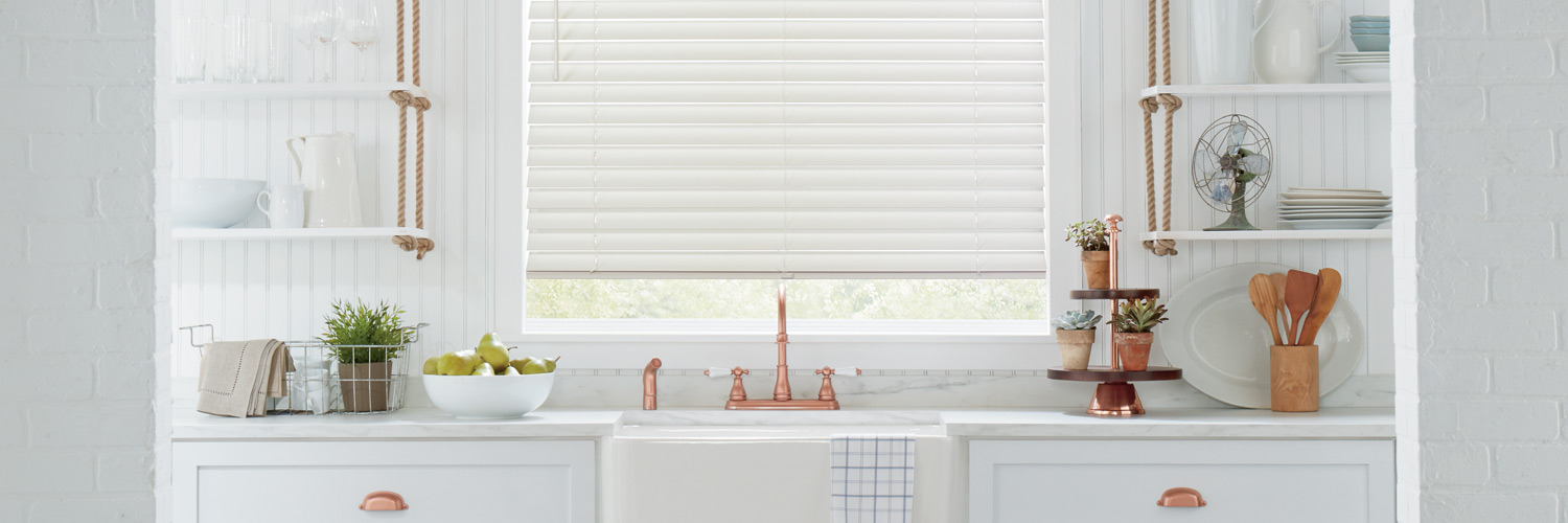 kitchen with wood blinds and rose gold hardware Halifax