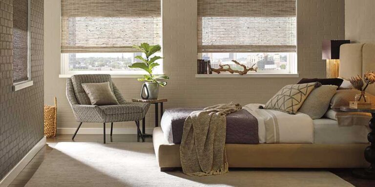 guest bedroom with natural colored woven dual shades