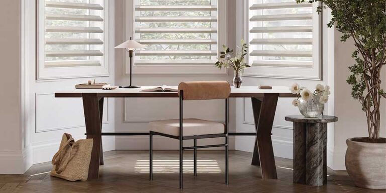 home office with neutral sheer shades window coverings