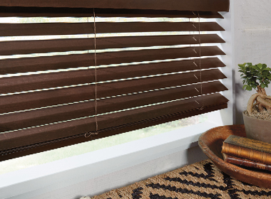 dark brown window blinds in kitchen