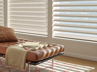 cream colored window shades one opened and one closed