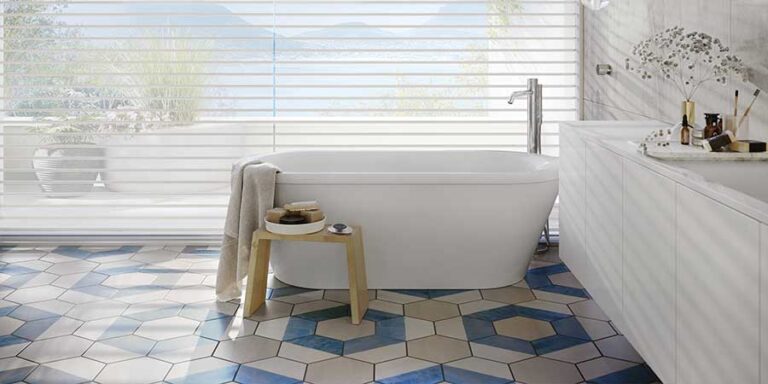 bathroom with white floor to ceiling window shades
