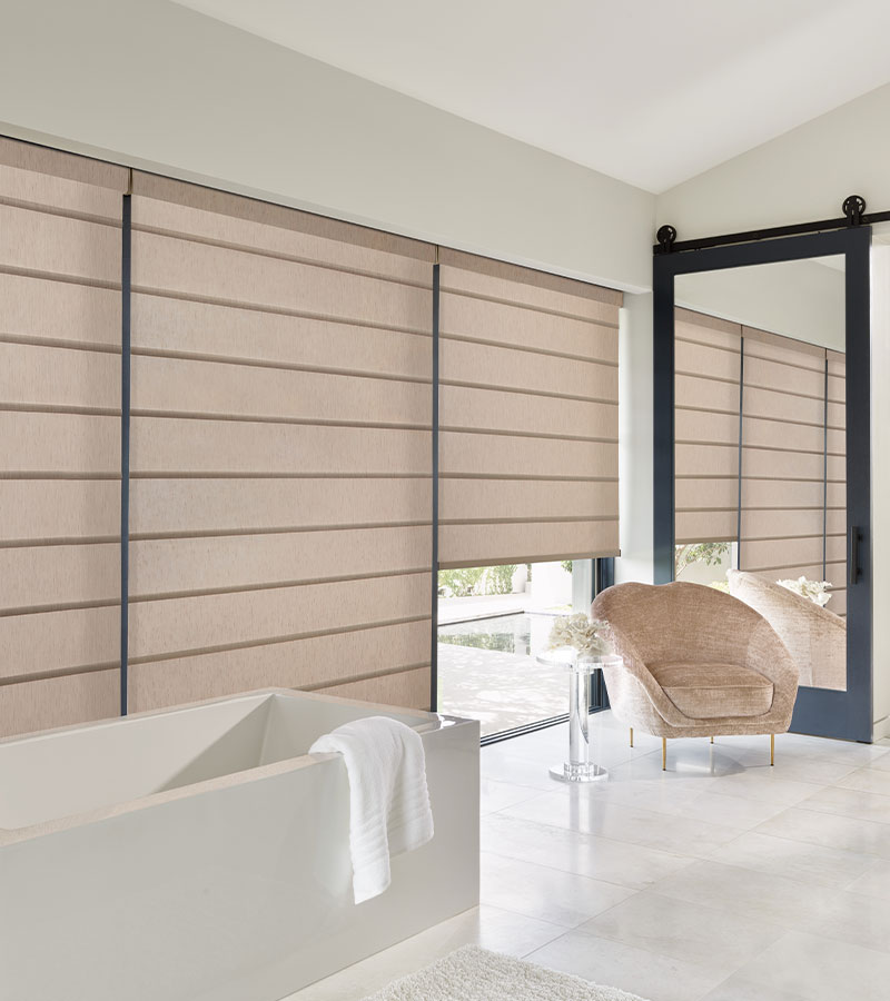 brown window shades floor to ceiling in bathroom