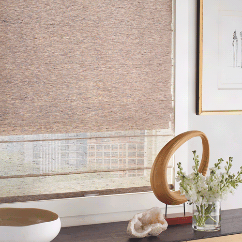 light-control-hunter-douglas-night-and-day-decor pink roller shades with woven texture roman shades