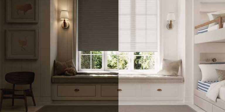 side by side comparison of light filtering vs light blocking in bedroom with window seat