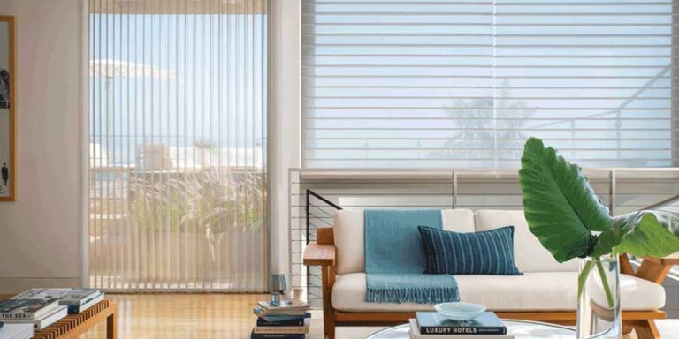 living room with vertical window shades and window coverings