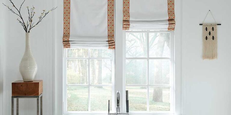 bathroom with white custom roman shades