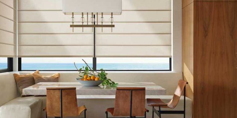 dining room with window coverings