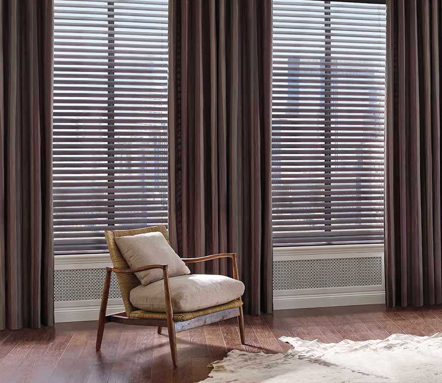 dark brown window blinds with matching brown window drapery