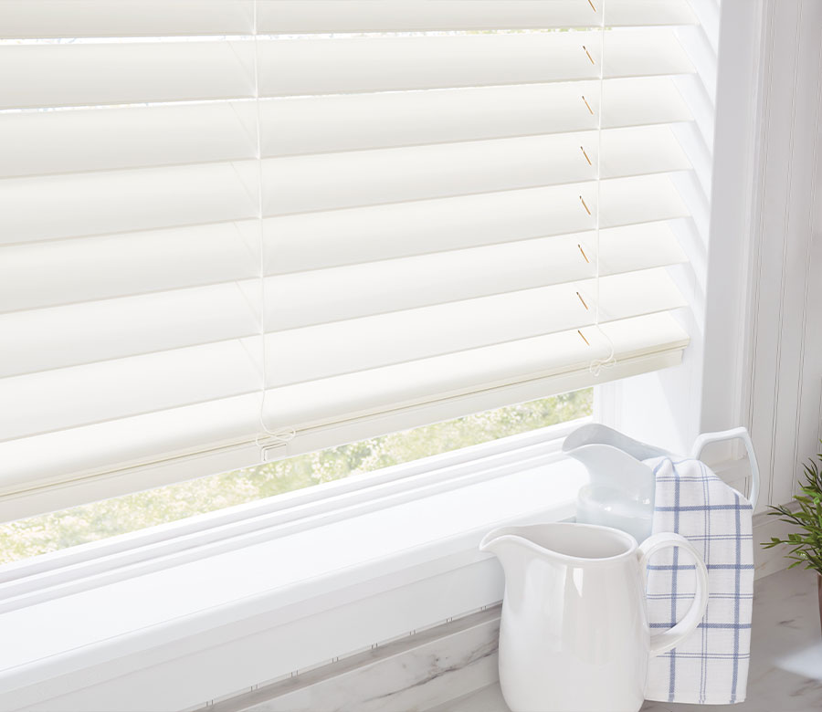 white window wood blinds in kitchen