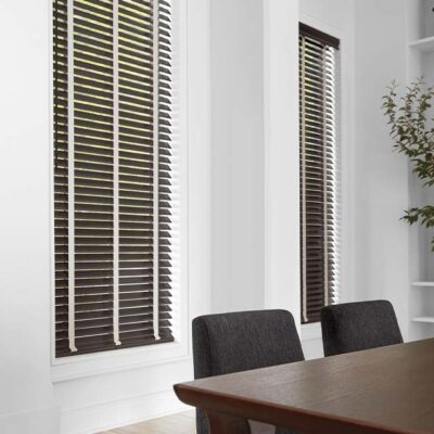 parkland-wood brown wood blinds in dining room seeview nova scotia