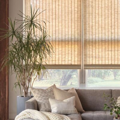 provenance-hunter-douglas-gotcha-covered-seeview-blinds natural wood colored window woven shades in living room