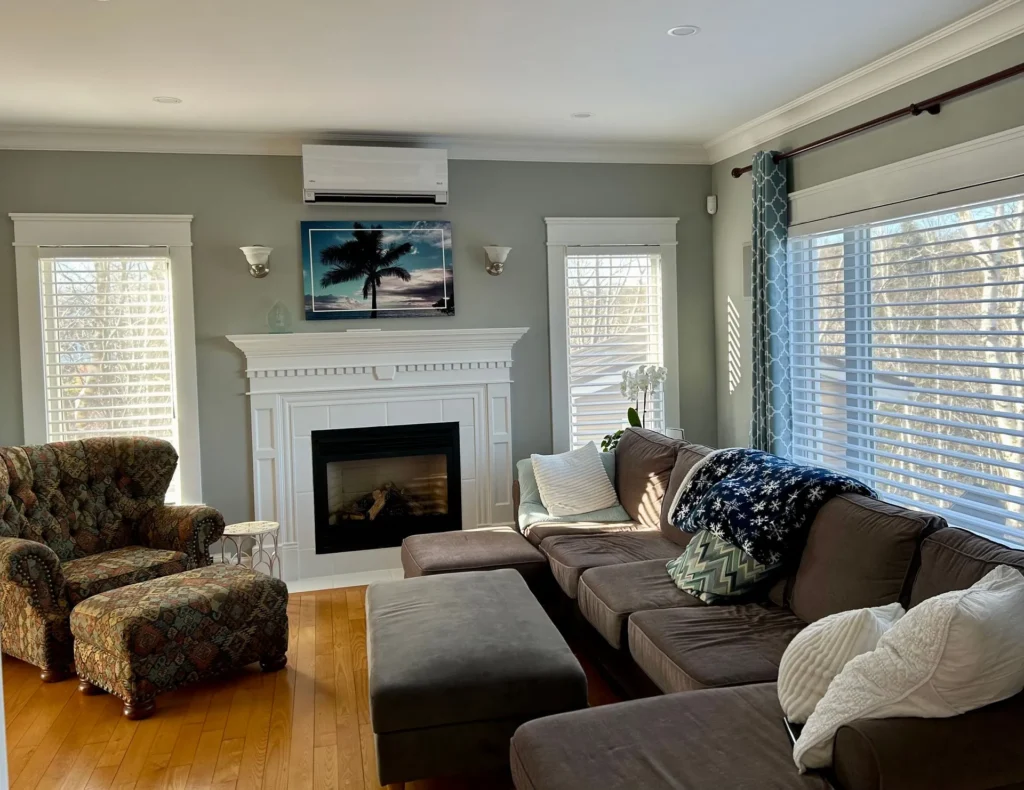white window shades in living room