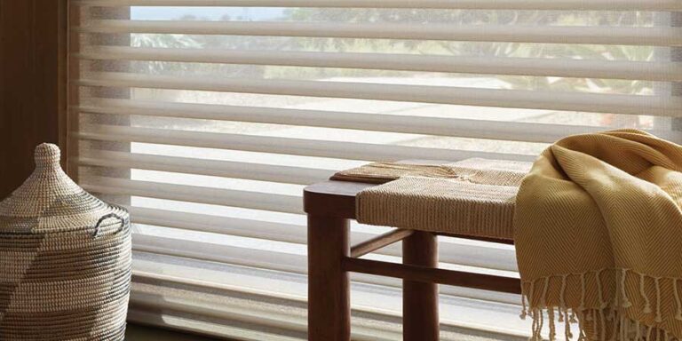 close up of floor to ceiling silhouette window shades