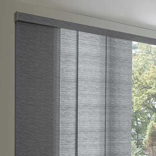 stacking-hunter-douglas-seeview-blinds blue sliding window panels detail close up view