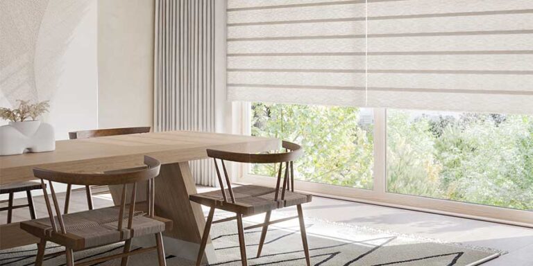 dining room with floor to ceiling window coverings