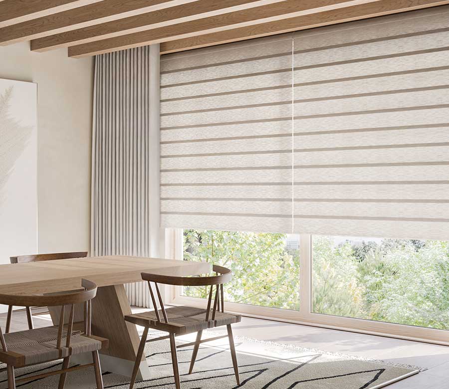 vignette-roman-shades-flat-fold-fabric-shades-on-glass-patio-doors-by-hunter-douglas-gotcha-covered-seeview-nova-scotia brown vignette roman fabric shades in dining room in nova scotia