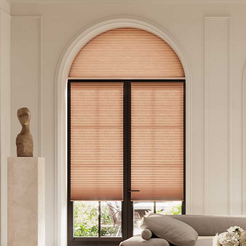 pink peach arched window solution and glass doors with cellular windows shades