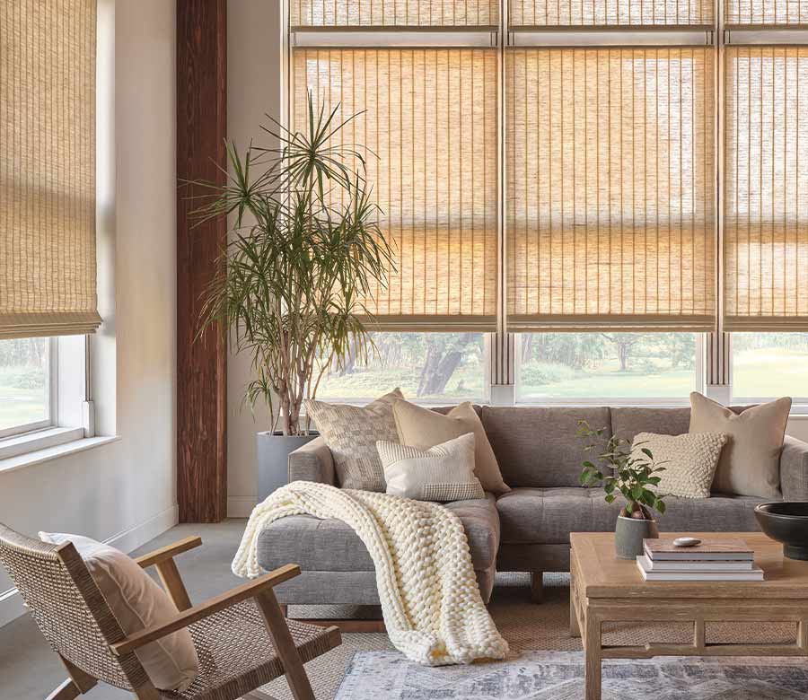 woven wood window coverings in living room