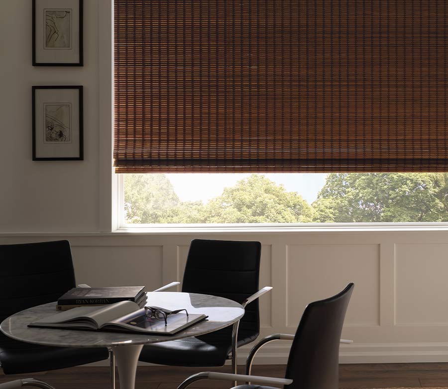 natural woven wood shades in breakfast nook area