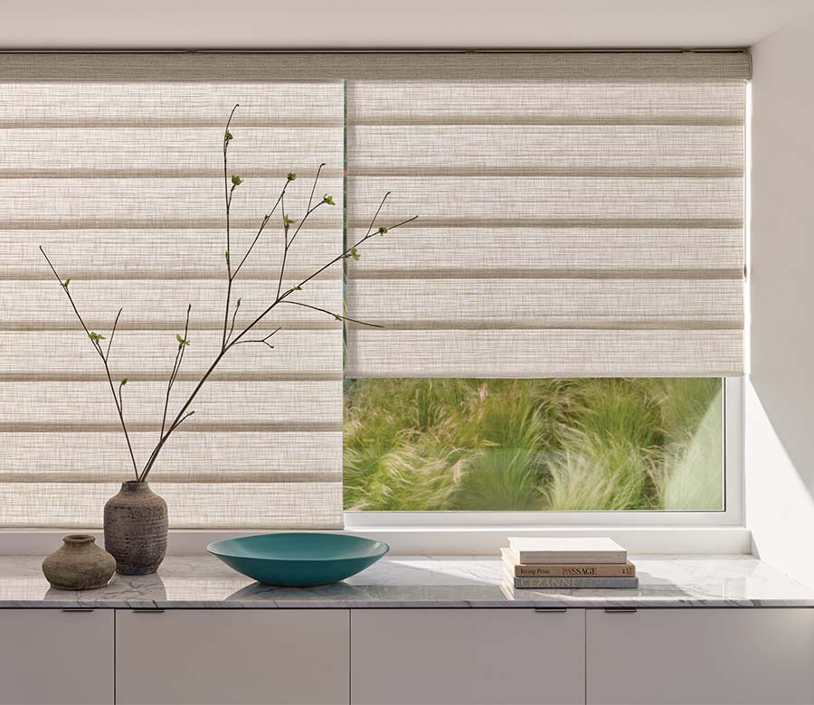 office with beige woven roman shades