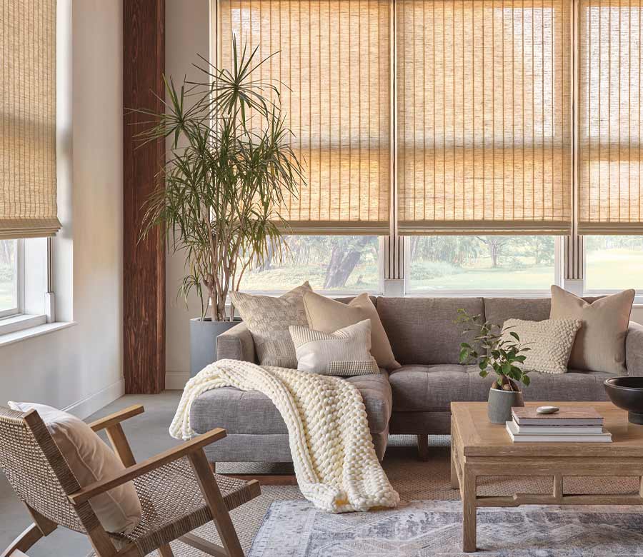 natural brown woven wooden shades in living room