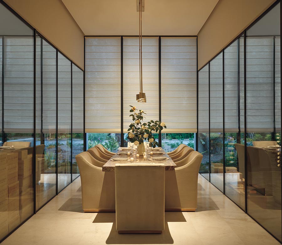 dining room and wine room with white window shades