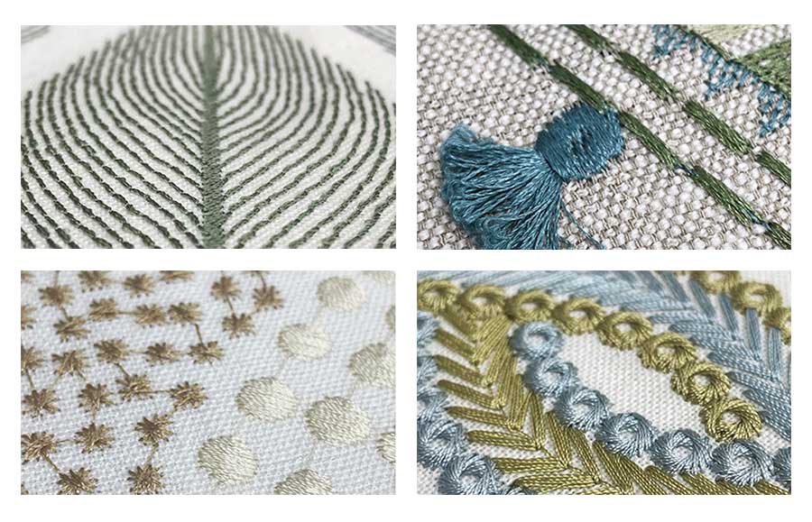 close up of green white and blue embroidered details 
