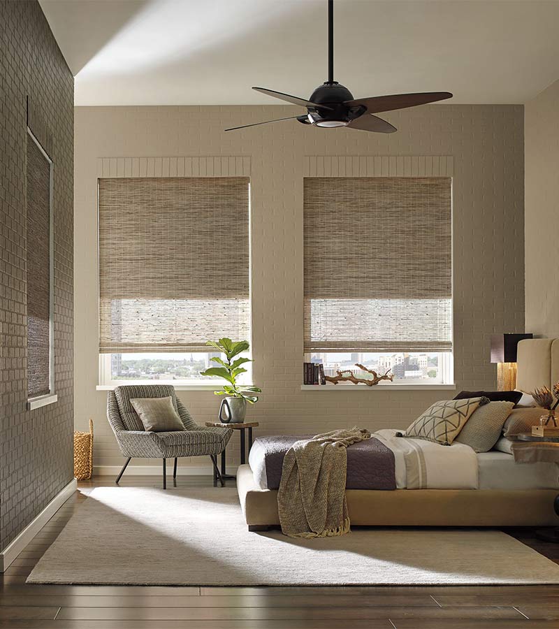 natural colored woven wood shades in living room that are energy efficient