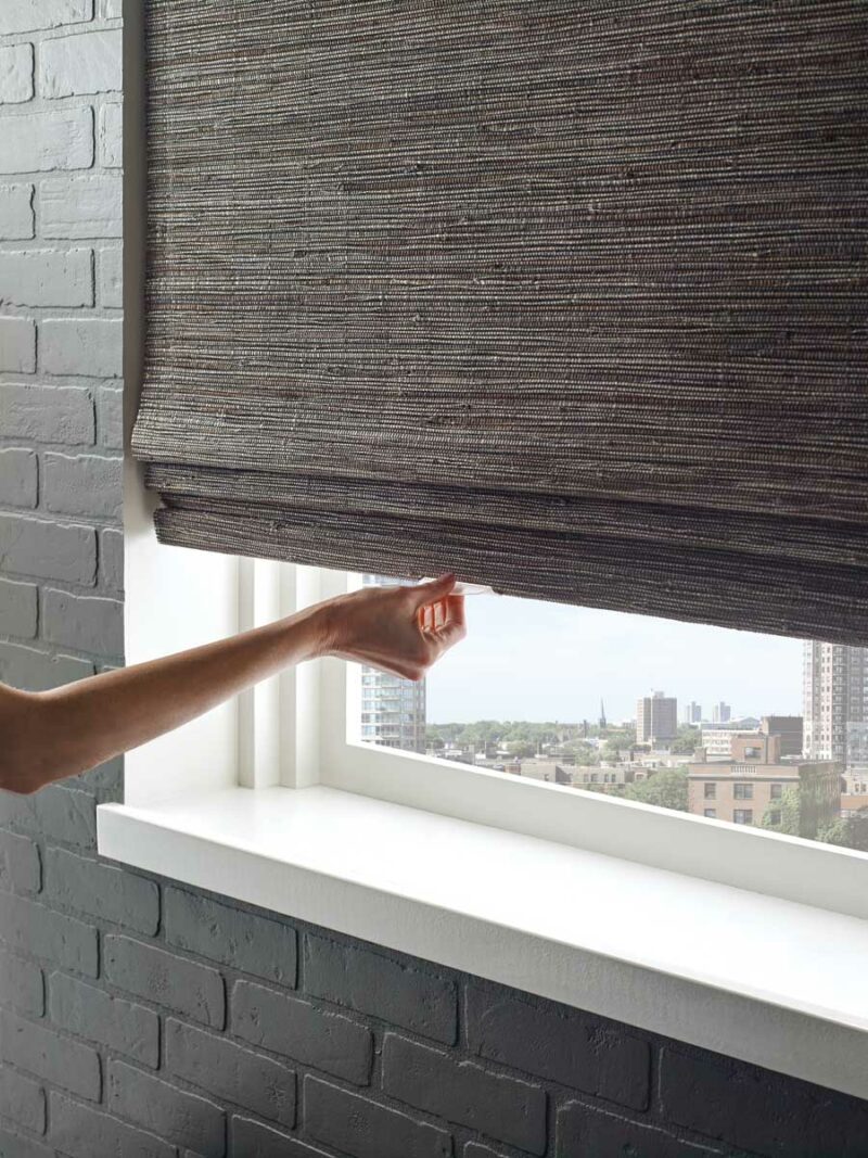Woven wood room darkening bedroom blinds in Nova Scotia home